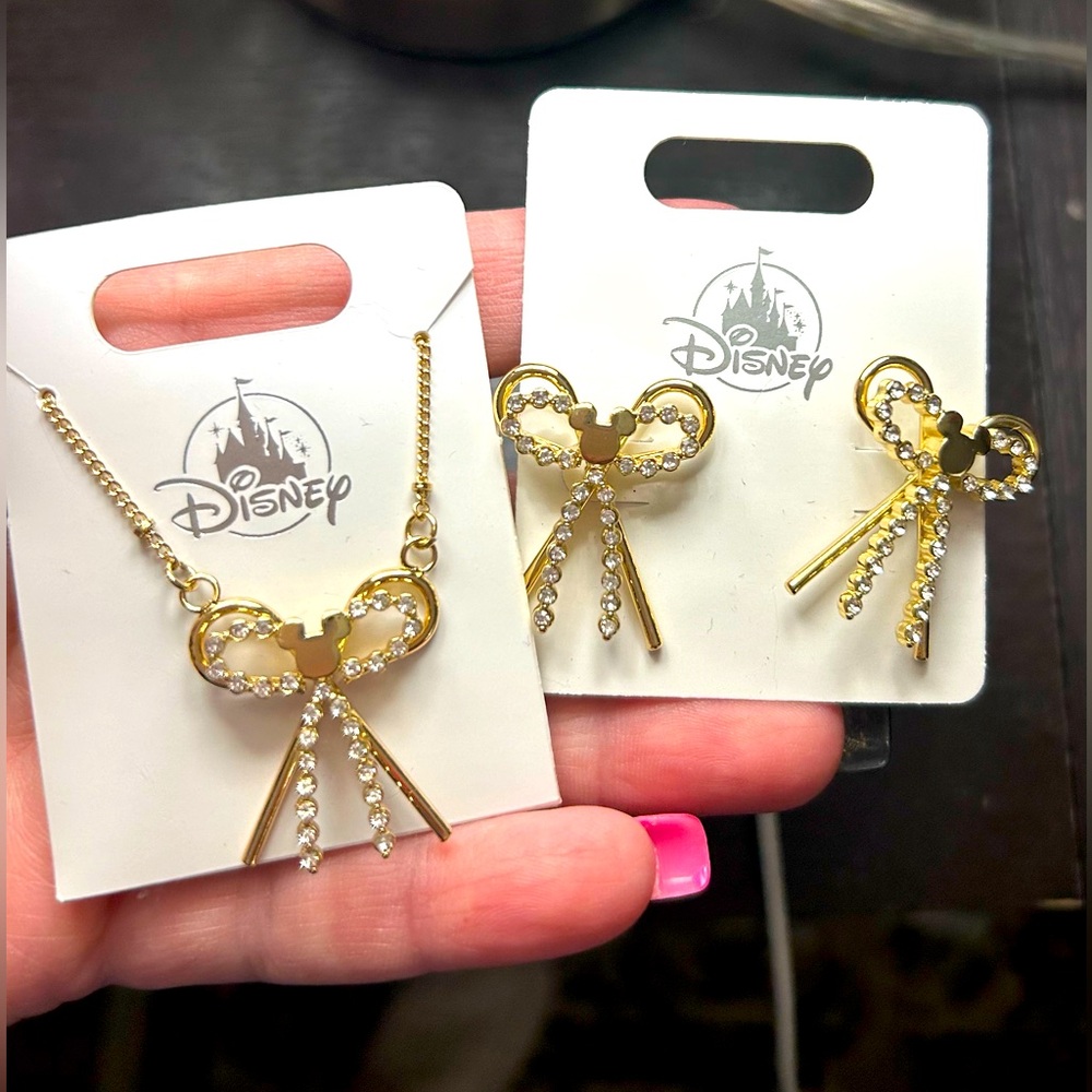 Disney parks set of Disney bow, Mickey Mouse gem earrings,& necklace gold tone✨
